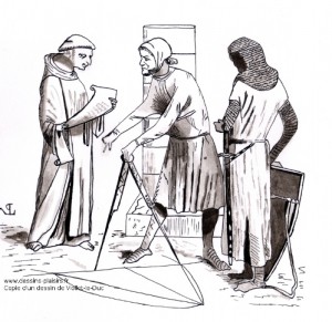 dessin à l'encre représentantun moine et des ouvriers